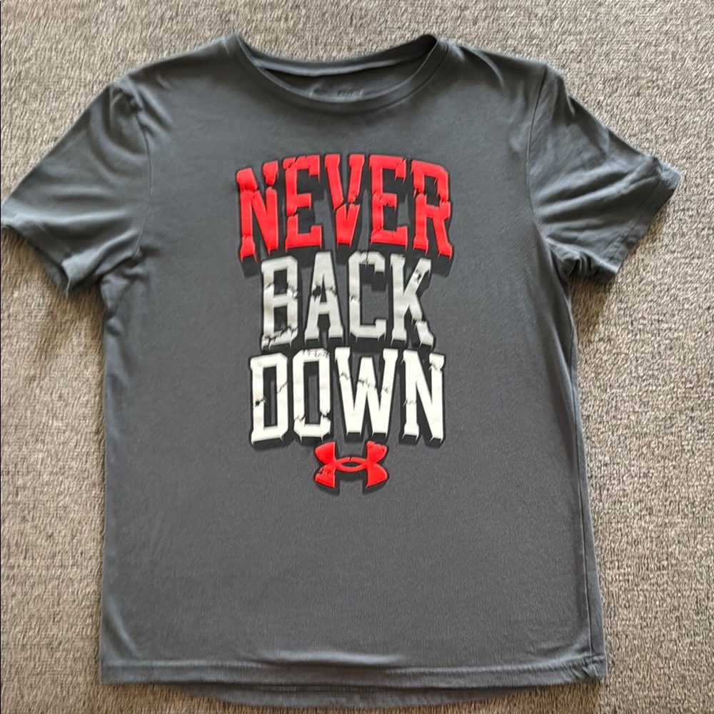 Under Armour Charcoal Tee with Red and White Graphic